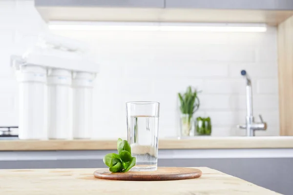 Een Glas Schoon Water Filterpatronen Een Keukenachtergrond — Stockfoto