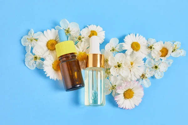 Kosmetyki Naturalne Składnikami Ziołowymi Serum Pielęgnacji Skóry Ciała Kwiatami Roślinami — Zdjęcie stockowe