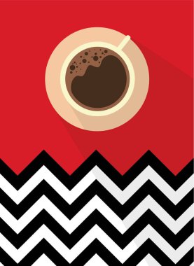 Cup of coffee. On red background with black and white pattern. clipart