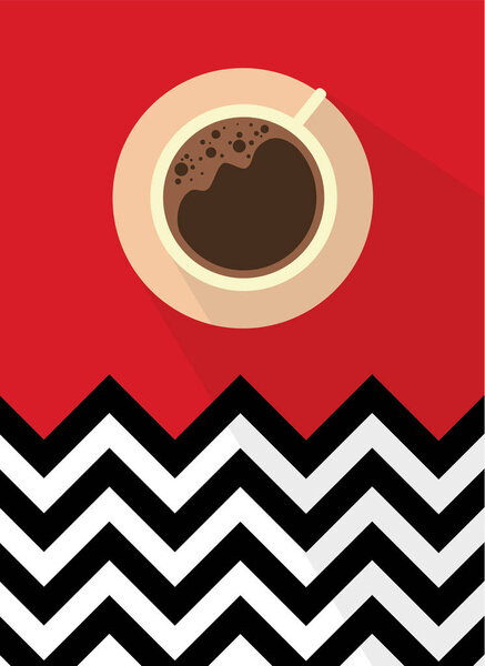 Cup of coffee. On red background with black and white pattern.