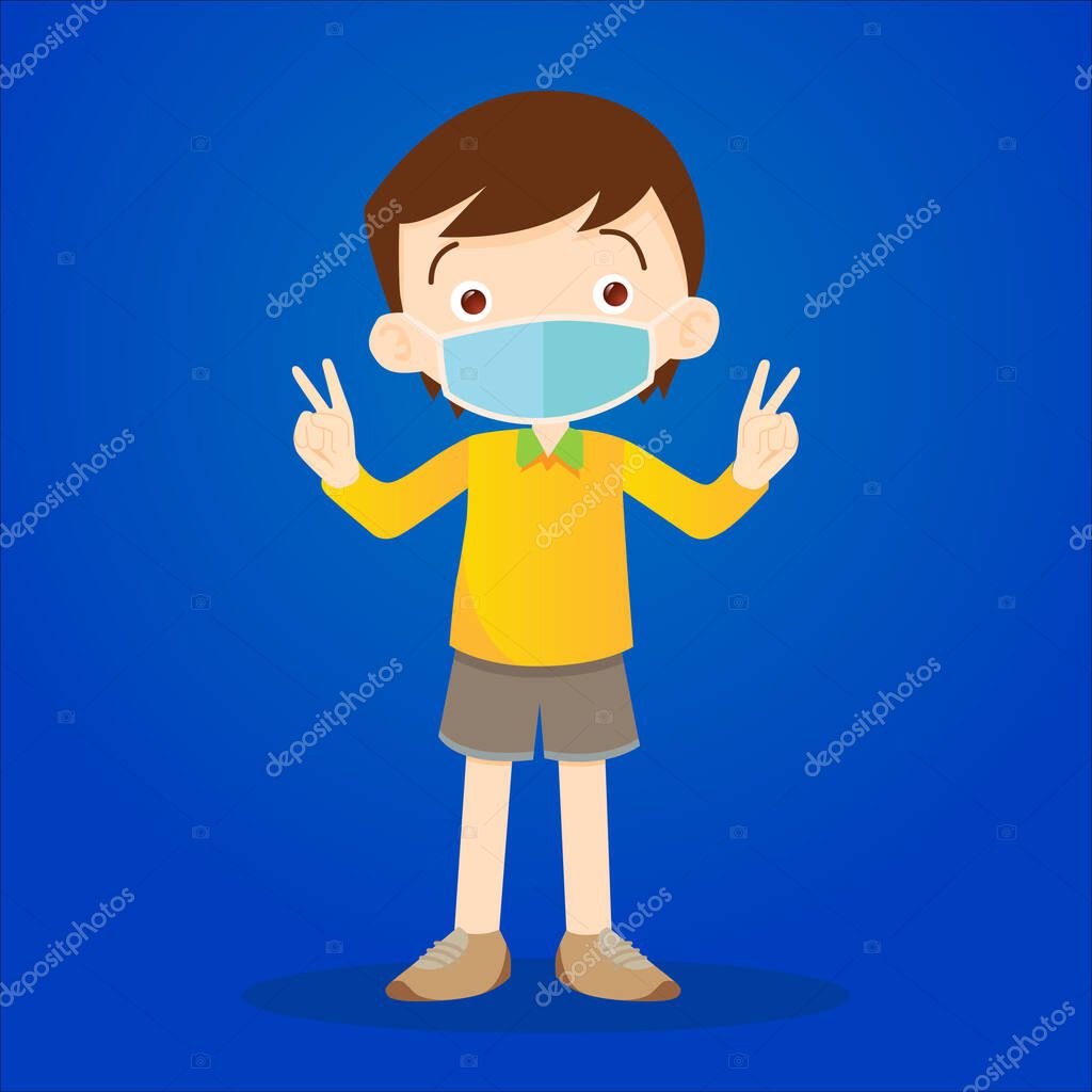 People fight for health with wearing face mask, washing hands and using sanitizer, COVID-19 illustration. Kid in antiviral mask on blue background