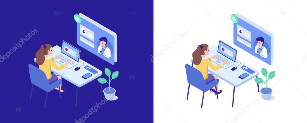 Medical consultation. Coronavirus. Doctor online. Young woman gets medical advice online. Medical illustration. Stay home.