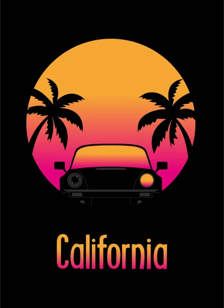 Zomer Californië Sportwagen Palmen Zonsondergang Achtergrond Californische Droom — Stockvector