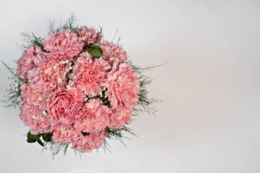 Beyaz arka planda pembe karanfil çiçek kovası.