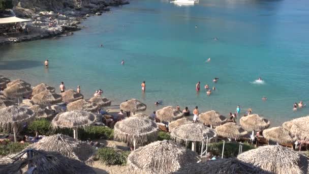 Beach Paul Bay Mediterranean Sea People Swim Sun Umbrellas Town — Stock Video