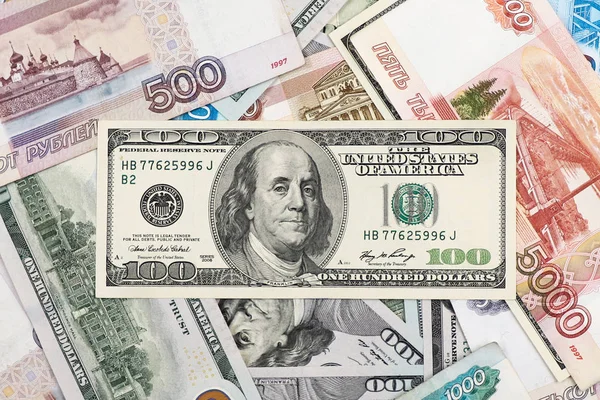Dollari Americani Rubli Russi Banconote — Foto Stock