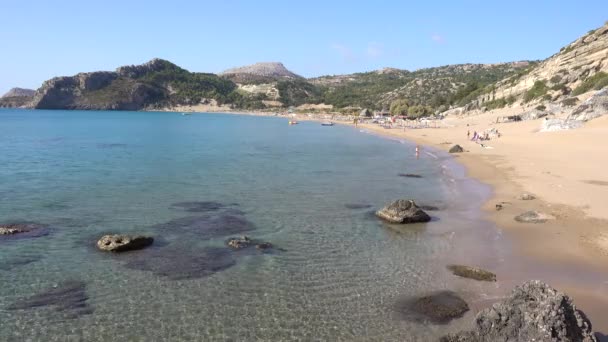 Playa Tsampika Mar Mediterráneo Arena Ola Costa Día Soleado Isla — Vídeo de stock