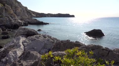 Mediterranean sea, coast, rocky coast, Sunny day, Rhodes island Greece.