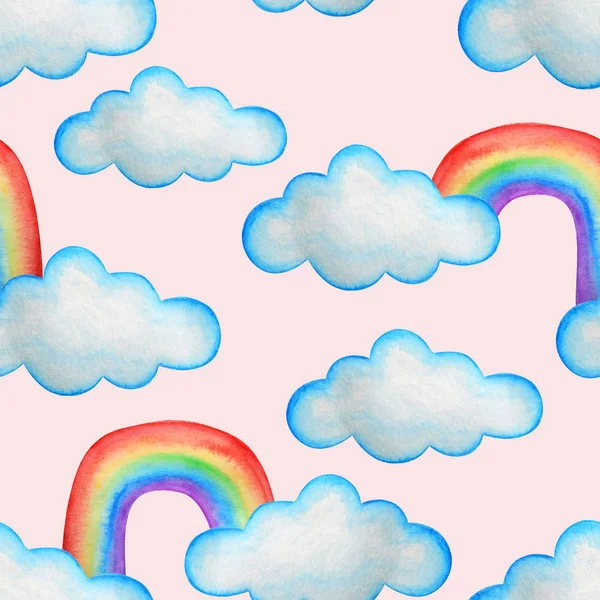 Watercolor seamless pattern with stars, clouds and rainbow.