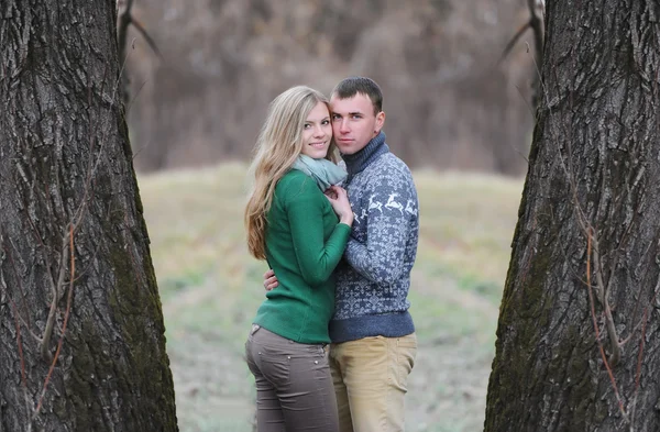 Romántica pareja de adolescentes entre dos grandes árboles en el parque de otoño . —  Fotos de Stock