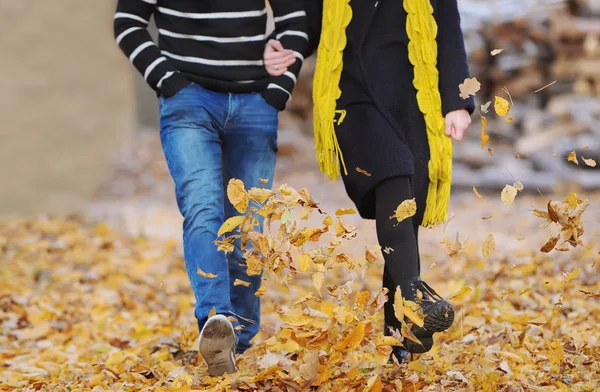 Underbara par hålla händerna gå på hösten landsbygdens sökväg — Stockfoto