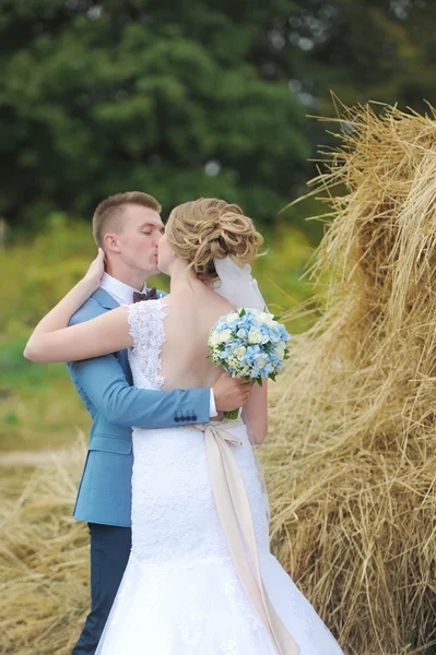 Sposa e sposo vicino fieno su un campo rurale. Bacio degli sposi novelli . — Foto Stock