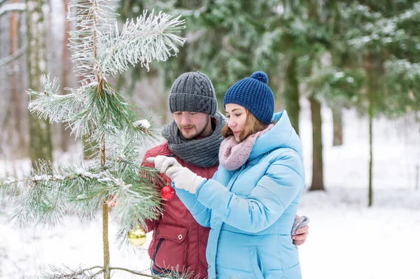 The young couple decorates a fir tree with toy multi-colored balls. Winter forest. — Stock Photo, Image