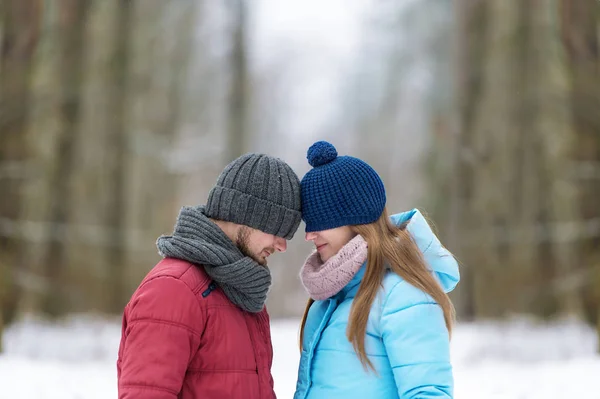 Le couple amoureux dans le bois d'hiver . — Photo