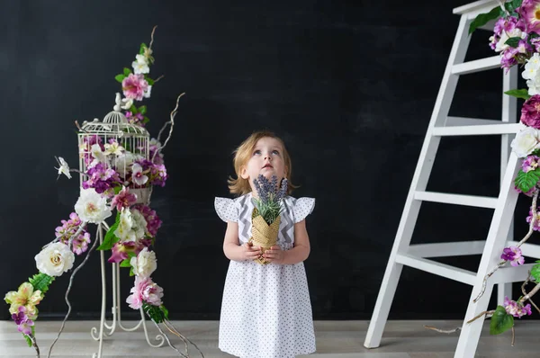 La belle petite fille dans une robe blanche avec une fleur fait un voeu à l'anniversaire — Photo