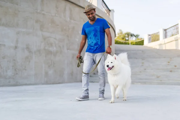 Yaz şehir Park'ta yürüyordunuz samoyed köpek ile mutlu Asyalı adam.