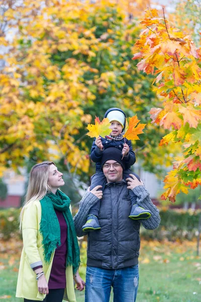 Padre, madre y su pequeño hijo caminando en el jardín de otoño. Lindo chico sentado en los hombros de su padre . — Foto de Stock