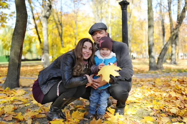Padre, madre y su pequeño hijo caminando en el jardín de otoño. Niño sentado en los hombros de su padre . —  Fotos de Stock