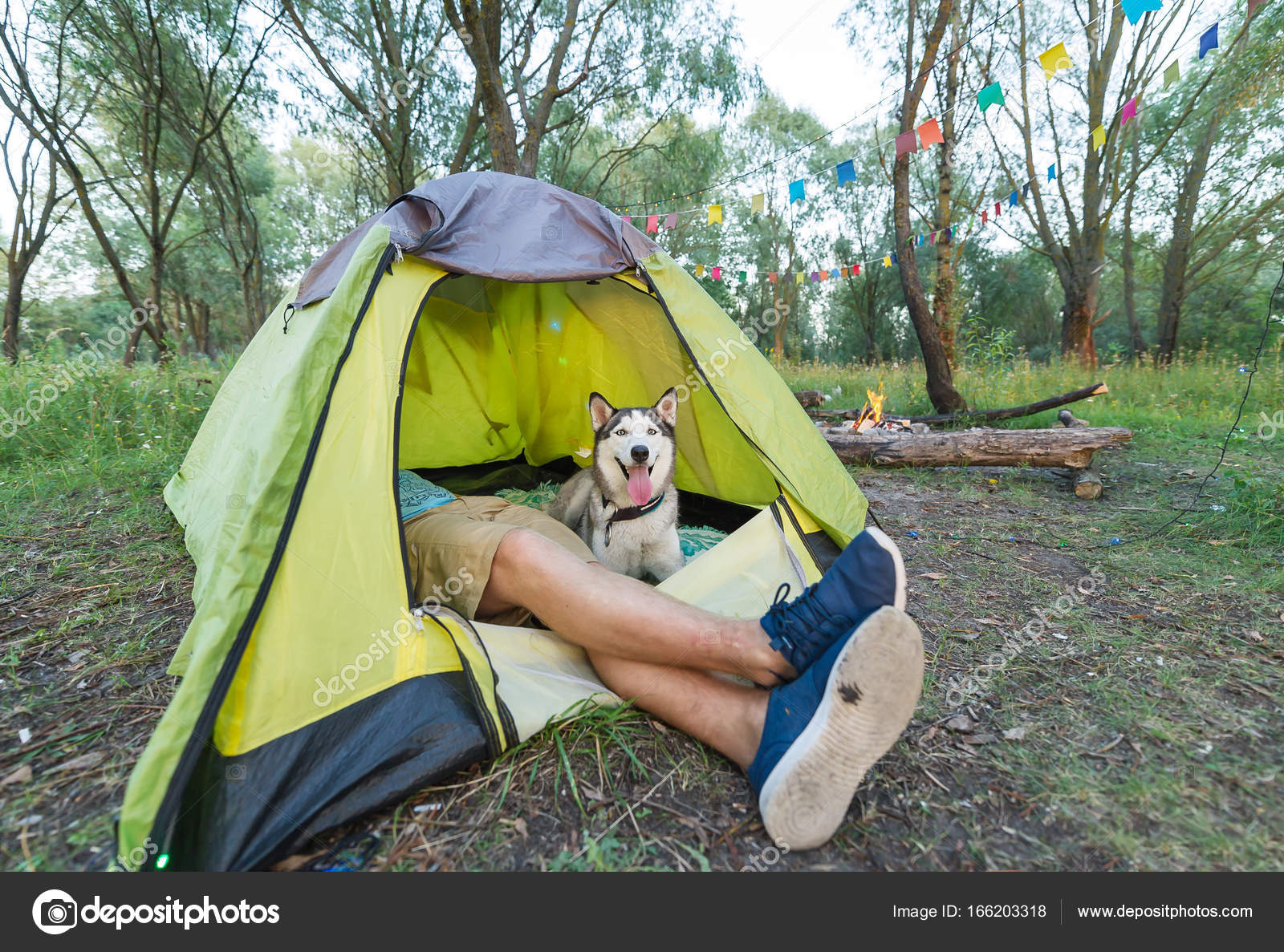 Touristin liegt im Zelt mit Hund, campt in der herbstlichen Natur