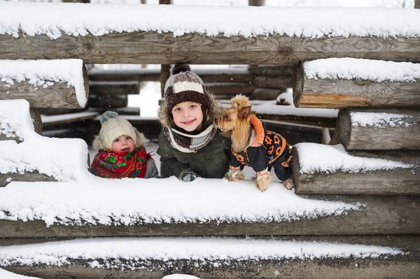 Portrait of the little kids and small dog against the background of the unfinished snow-covered house in the village — Stock Photo, Image