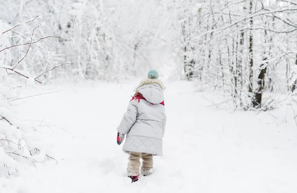 Zadní pohled na malé holčičky v kožešinovém pytli procházky zasněženou cestu s hlubokým sněhem bankami na obou stranách. — Stock fotografie