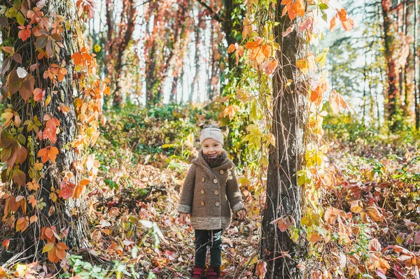 가을에 숲 속에 서 있는 땋은 머리를 한 아기가 웃는 모습. — 스톡 사진