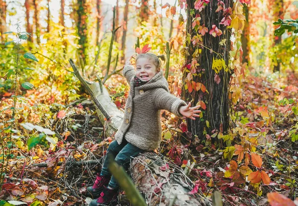 Uśmiechnięta dziewczynka w czerwonych liściach na głowie siedząca na dużym pniu w jesiennym lesie — Zdjęcie stockowe