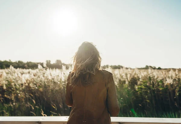 Mujer joven con chaqueta en el campo de trigo observando la puesta de sol disfrutando de la naturaleza. Vista trasera — Foto de Stock