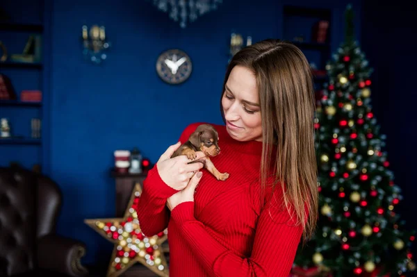 Милый щенок и счастливая молодая девушка. Рождество . — стоковое фото