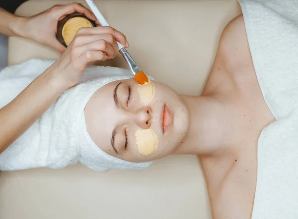 Procedure of cleansing and moisturizing the skin, applying a mask with brush to the face of a woman. Closeup woman face.