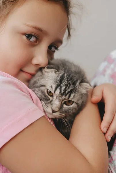 Gros plan portrait d'enfant avec un chaton écossais mignon pli . — Photo