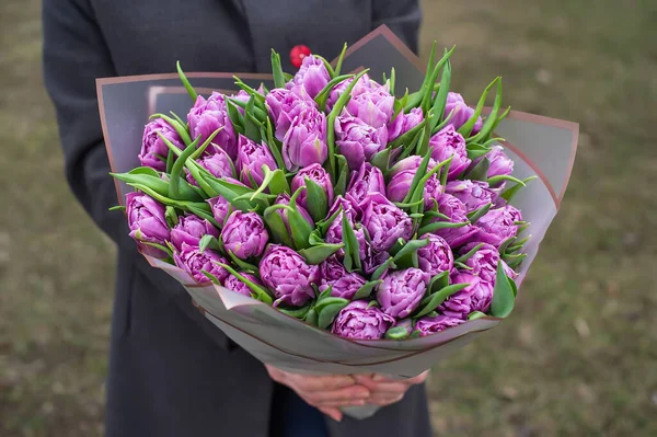 A woman holding a violet flowers bouquet in her hands. Valentine's Day gift, beautiful purple tulips. 8 march.