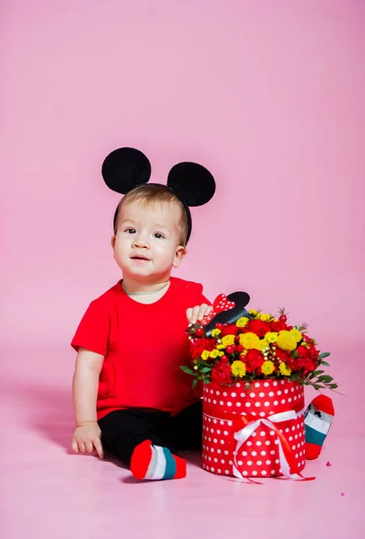 Cute Adorable Caucasian Baby Boy Mouse Ears Spring Flowers Box — Stock Photo, Image