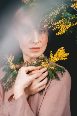 Sisli arka planda mimoza çiçekleri olan peri masalındaki mistik kız. Ön görünüm.