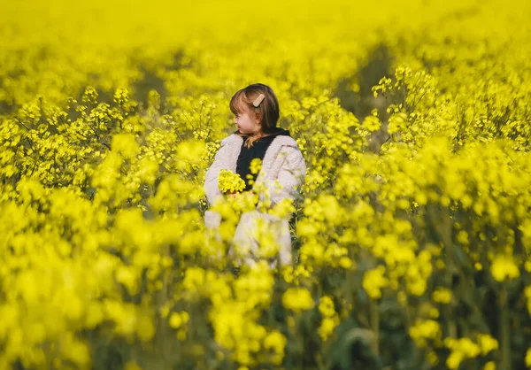 可爱的小女孩穿着黄色的衣服在开花的强奸领域里玩得很开心 大自然绽放油菜籽田 — 图库照片