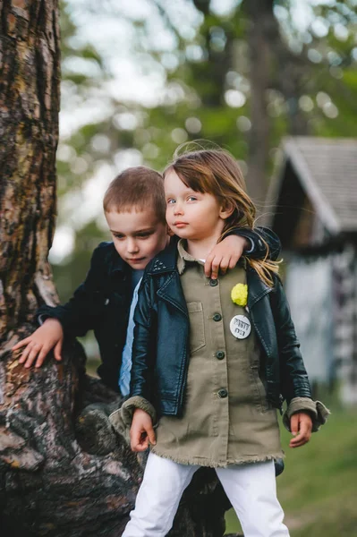 Dwójka Pięknych Małych Dzieci Parku Pozujących Podstawie Dużego Pnia Drzewa — Zdjęcie stockowe