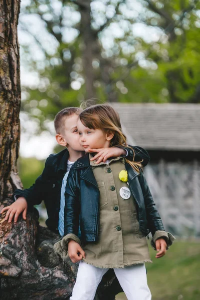 Portrait Little Brother Sister Standing Embracing Together Old Tree Trunk — Stock Photo, Image