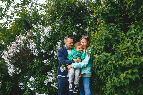 Father Hugs Mother Little Son Laughs Flowering Garden Horizontal Portrait — Stock Photo, Image