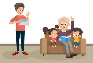 Sözcük tamam boomer, neslin z, büyükbaba torunlar öğretir, bir kitap okur, kuşak çatışması, vektör