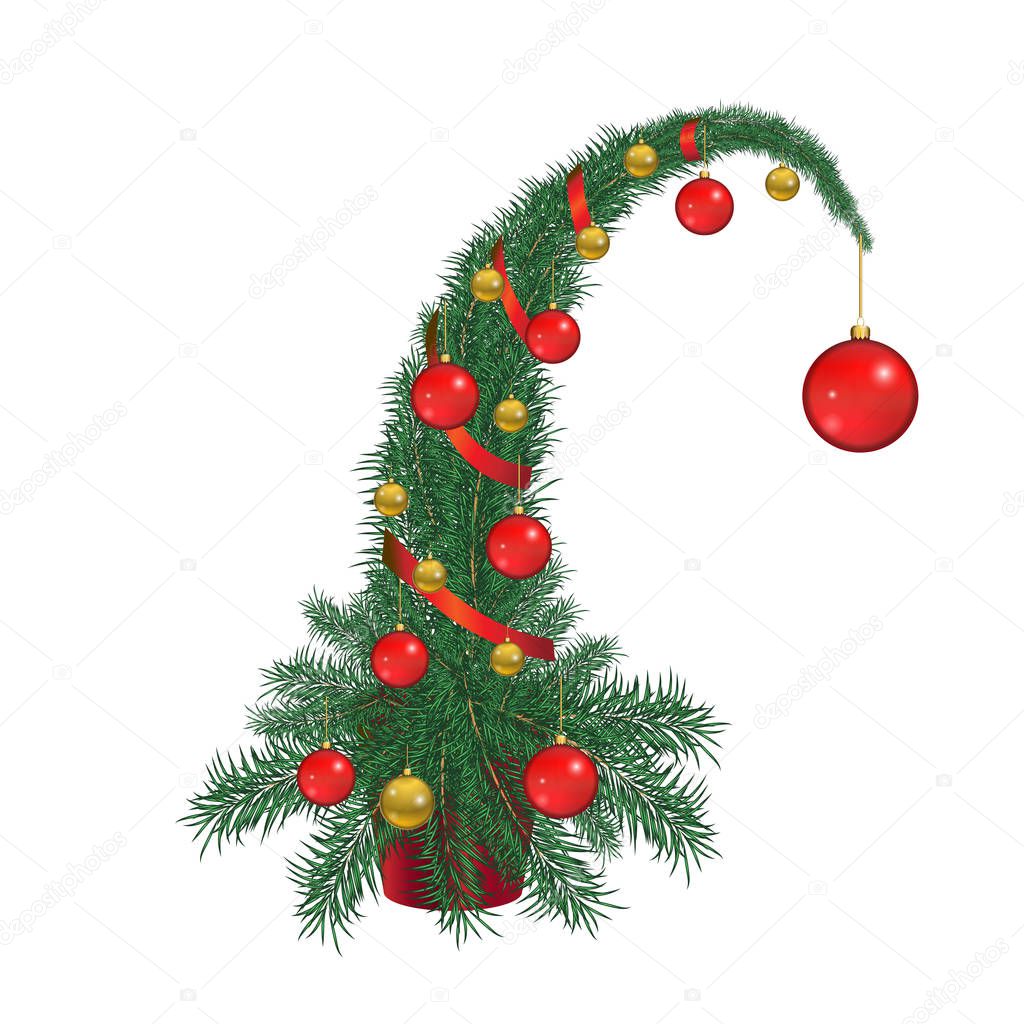 Christmas tree with red and gold toys, the top of the tree is tilted, poster, isolated