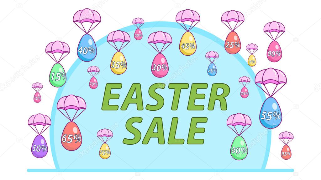 Easter sale offer. Easter eggs fly parachutes at a discount. Colored eggs with numbers, isolated on white background. Cartoon style. Discount. Spring Shop market poster design. Vector