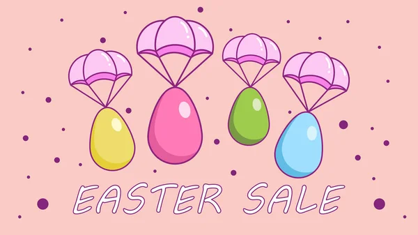 Osterverkauf. Ostereier fliegen Fallschirme. gefärbte Eier, isoliert auf rosa Hintergrund. Cartoon-Stil. Rabatt. Frühjahrsmarkt-Plakatgestaltung. Vektor — Stockvektor