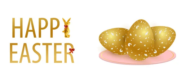 Feiertagsbanner frohe Ostern. Osterhase mit roter Schleife am Hals. Goldene Eier auf einem rosa Teller. Festplakat. Design mit realistischen festlichen Objekten, 3d. weißer Hintergrund. Vektor — Stockvektor