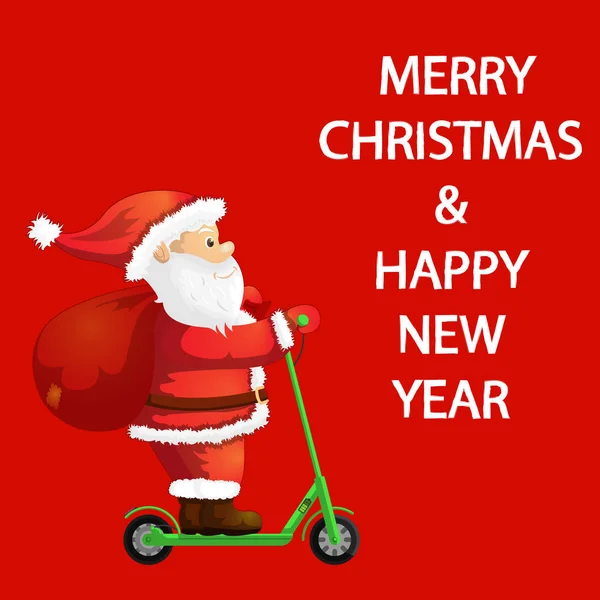 Noel Baba elektrikli scooter 'a biniyor. Hediye getiriyor. Mutlu yıllar tebrik kartı. Mutlu Noeller.