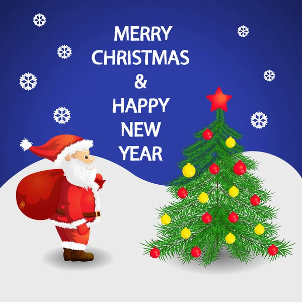 Noel Baba ve Noel ağacı. Kar taneleri düşüyor. Mutlu yıllar.