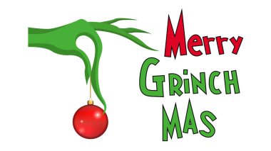 Grinch holds a Christmas toy in a green hand, merry grinchmas clipart