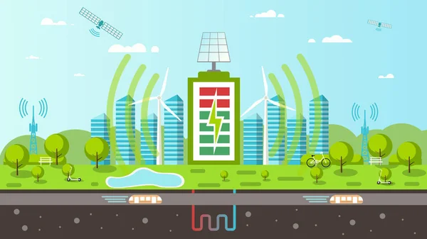 Smart city of the future, with renewable energy sources, wireless charging, satellite internet, connection. Environmentally friendly green eco city. Vector