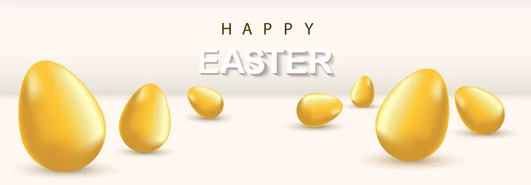 Ovos de páscoa dourada com brilho dourado realista no fundo branco. Inscrição Happy easter. Vetor ilustração cartão de saudação, anúncio, promoção, cartaz, panfleto, web-banner, artigo — Vetor de Stock