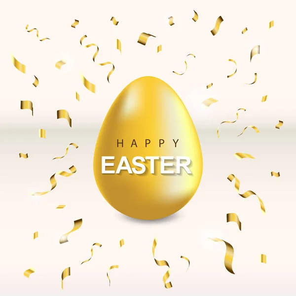 Easter gold egg with confetti golden color and white background. Text Happy Easter type greeting card with egg. Holiday — Stockvektor