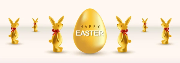 Holiday banner Happy easter. Easter golden bunnies with a red bow on neck on a white background. Poster, greeting card — Stockvektor